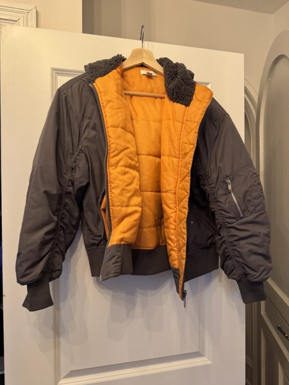 Topshop Gray Bomber Jacket Orange Quilted Lining Sz 4